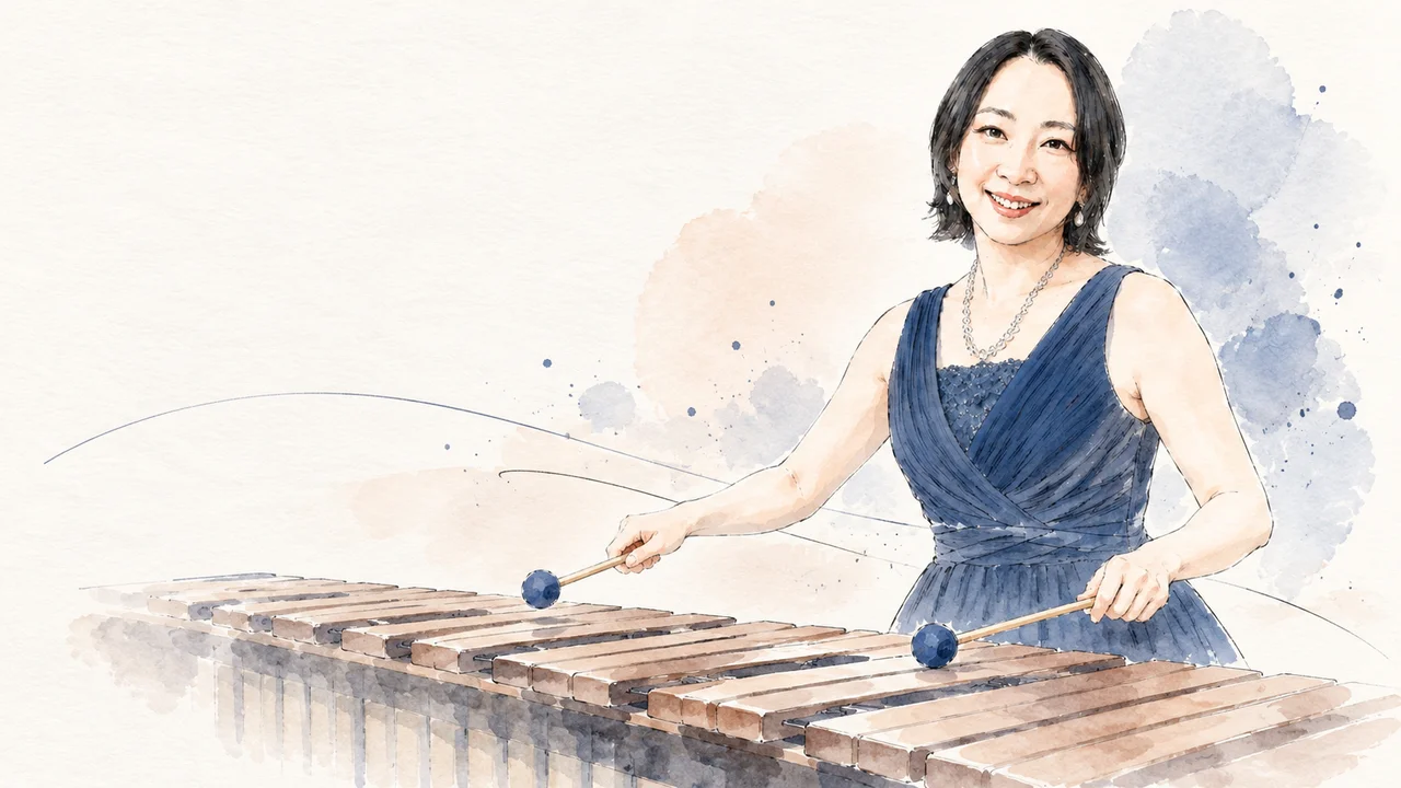 青いドレスでマリンバを奏でる安田愛の水彩イラスト